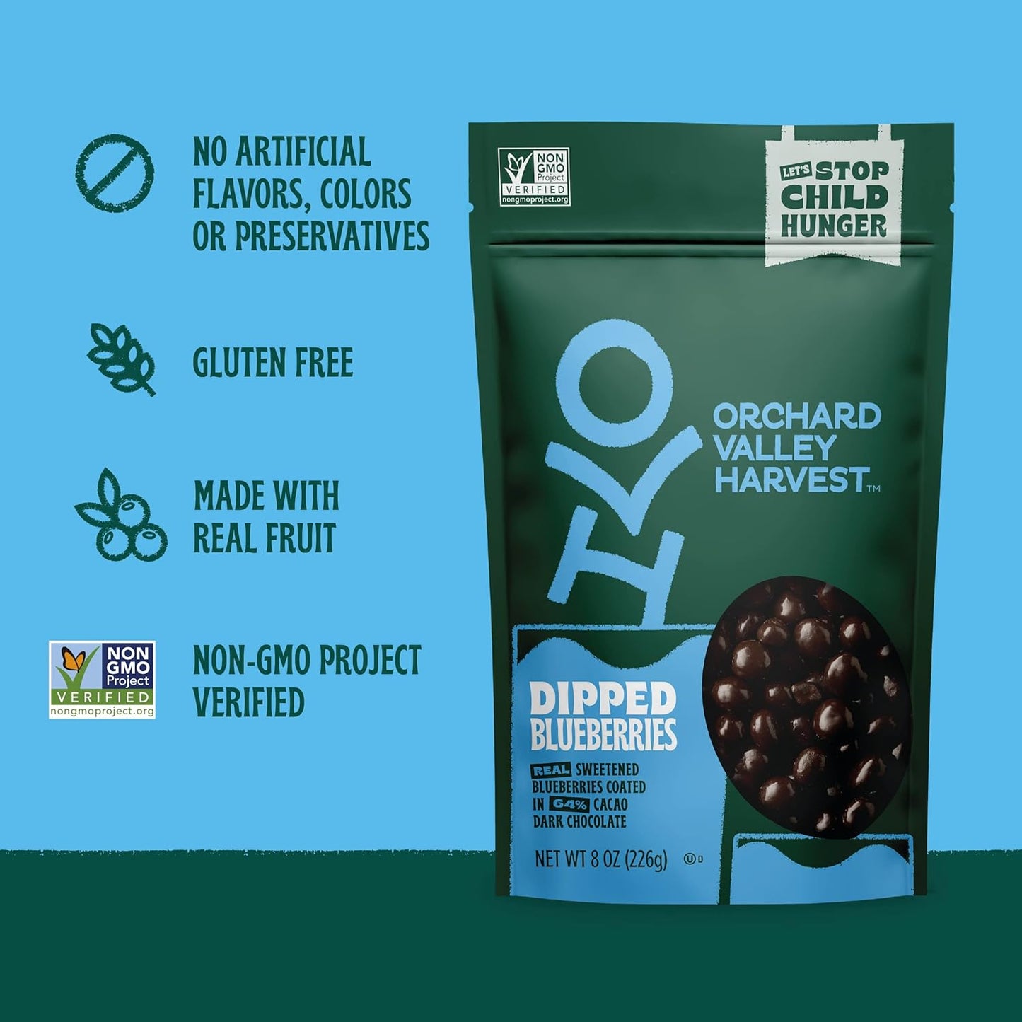 Orchard Valley Harvest Dark Chocolate Dipped Blueberries, 8oz | Gluten-Free, Non-GMO, Resealable Bag