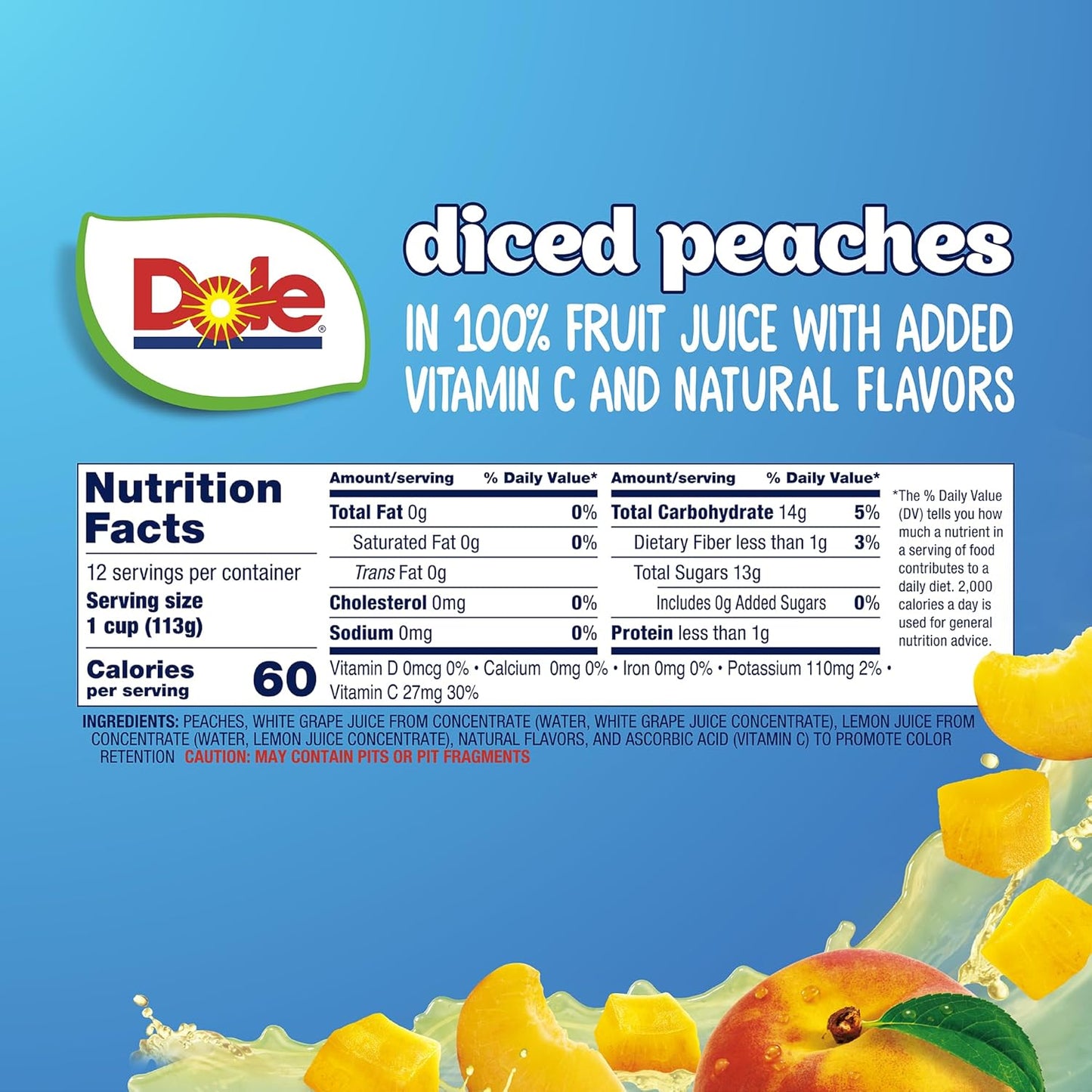 Dole Diced Peaches in 100% Juice - Dole Fruit Bowls Snacks - 4 oz Fruit Bowls - 12 Pack