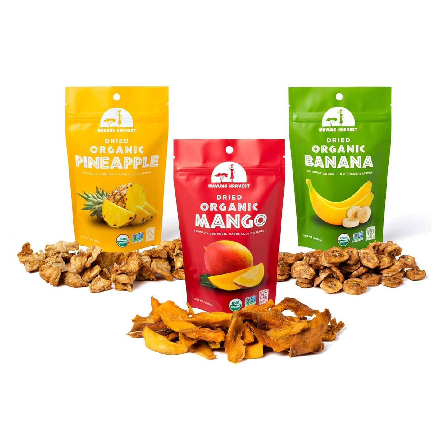 Mavuno Harvest Organic Dried Fruit Pack | Mango, Pineapple, Banana | 2oz, Pack of 3