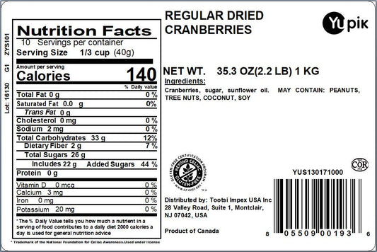 Yupik Dried Cranberries, 2.2 lb | Tart, Chewy, High Fiber, Ideal for Baking & Snacking