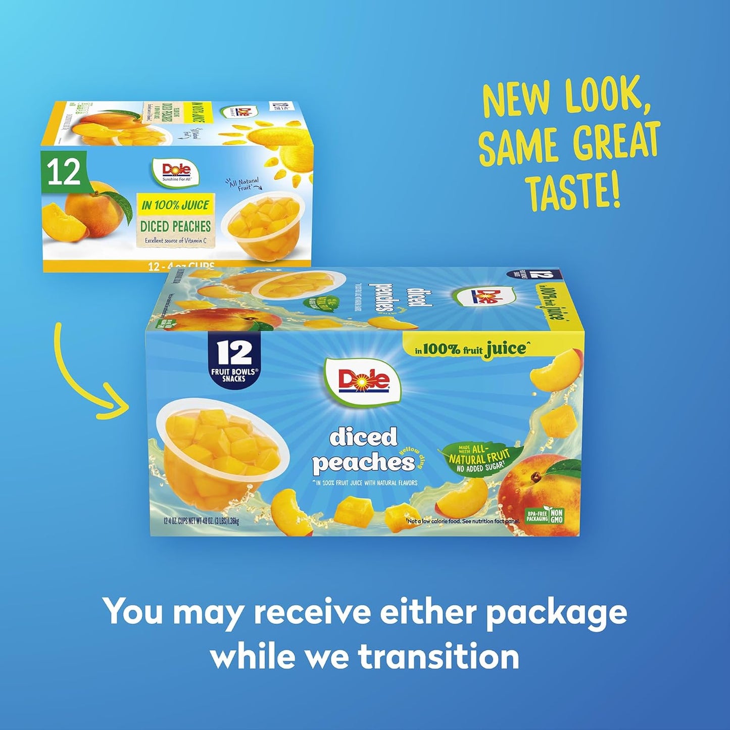 Dole Diced Peaches in 100% Juice - Dole Fruit Bowls Snacks - 4 oz Fruit Bowls - 12 Pack
